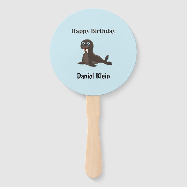Leque Aniversário personalizado foca cinza azul fofo (Frente)