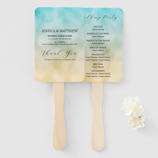 Leque Aqua e Dourada Folha de Ombre (Frente e Verso)