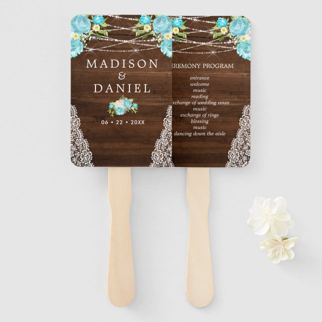 Leque Aqua Mint Rustic Wood String Lights Floral Weding (Frente e Verso)