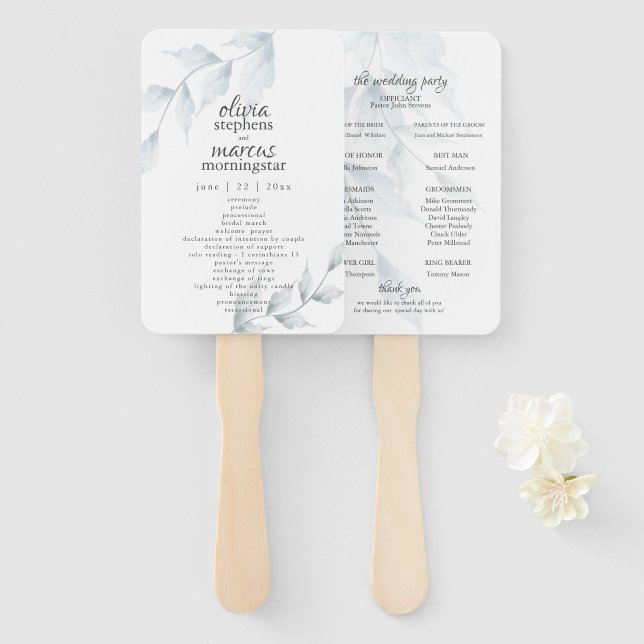 Leque Aquarela Azul Empoeirado Floral Sage Empoeirado (Frente e Verso)