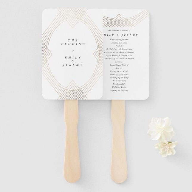 Leque Arte Geométrica Oval Branca Dourada Deco Gatsby Ca (Frente e Verso)