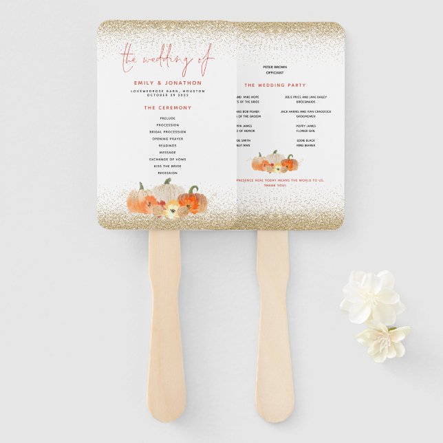 Leque Autumn Pumpkins Florals Glitter Weding Program (Frente e Verso)