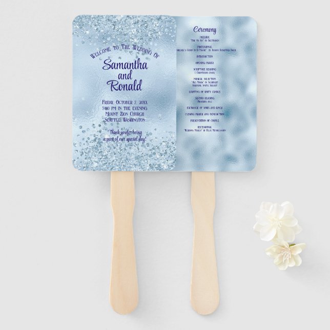 Leque Baby Blue Faux Glitter and Foil Weds Program (Frente e Verso)