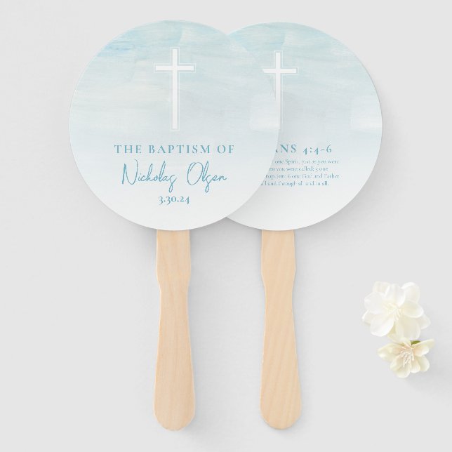 Leque Baptism Aquarela Pastel Blue Mand Fans (Frente e Verso)