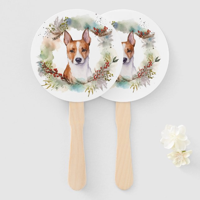 Leque Basenji Christmas Wreath Festivo Pup (Frente e Verso)