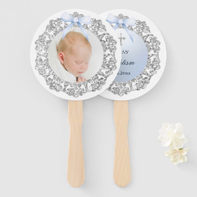 Leque Batismo Arco Azul com Quadro de Lâmpada de Prata (Frente e Verso)