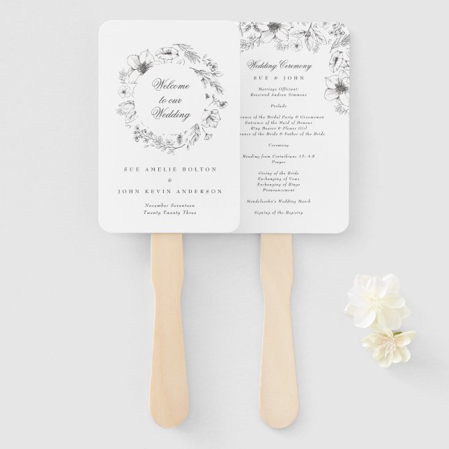 Leque Belo Programa de Casamento Floral Escrito (Frente e Verso)