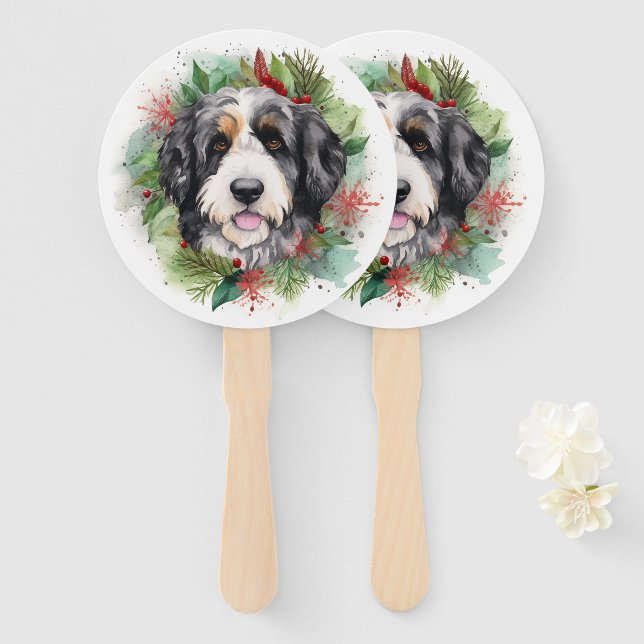 Leque Bernedoodle Christmas Wreath Festivo Pup (Frente e Verso)