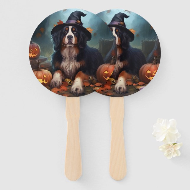 Leque Bernese Mountain Pumpkins Halloween Assustado (Frente e Verso)