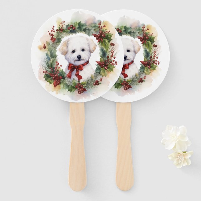 Leque Bichon Frise Wreath Festivo Pup (Frente e Verso)