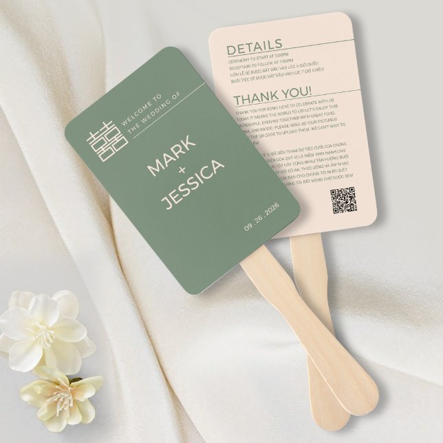 Leque Bilingual Vietnamese Wedding Green Thank You Note (Criador carregado)