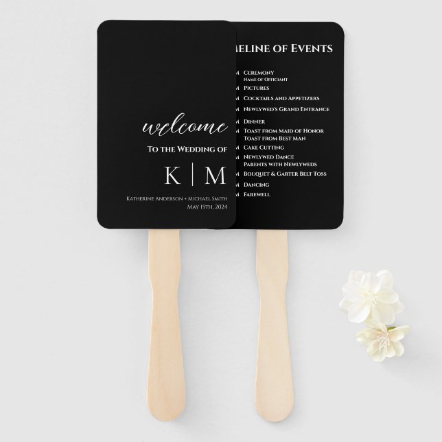 Leque Black and White-Modern- Monograma-Casamento- (Frente e Verso)