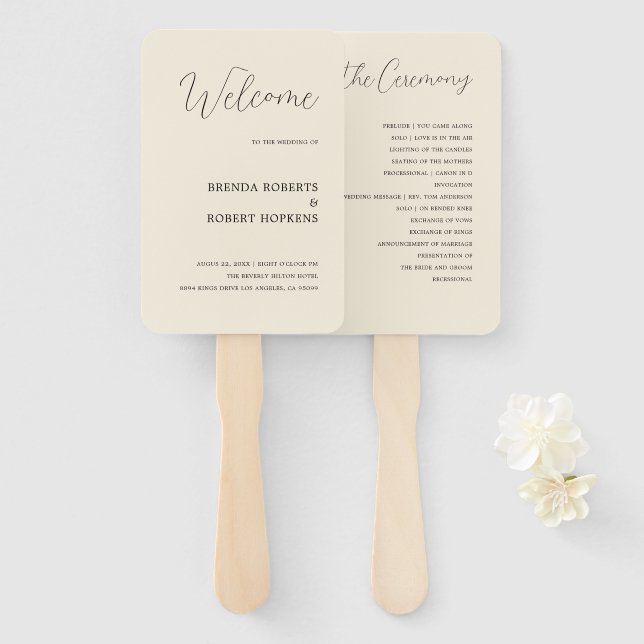 Leque Black Calligraphy On Beige Wedding Hand Fan (Frente e Verso)