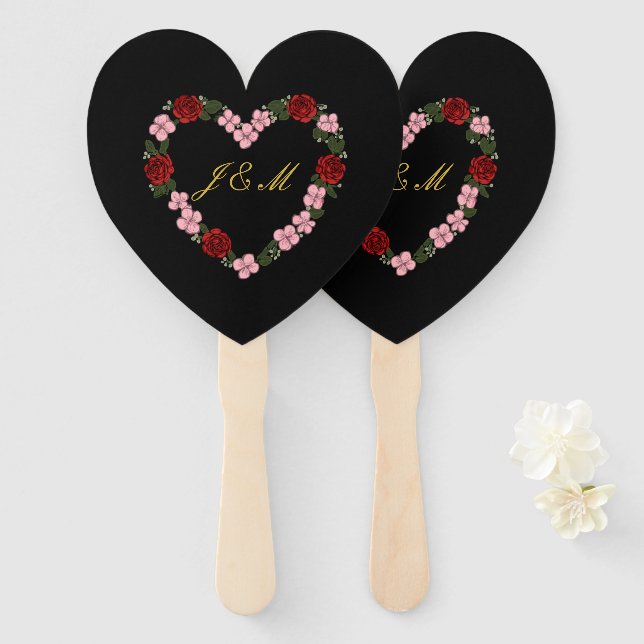 Leque black fan with a pink and red heart (Set of 10) (Frente e Verso)