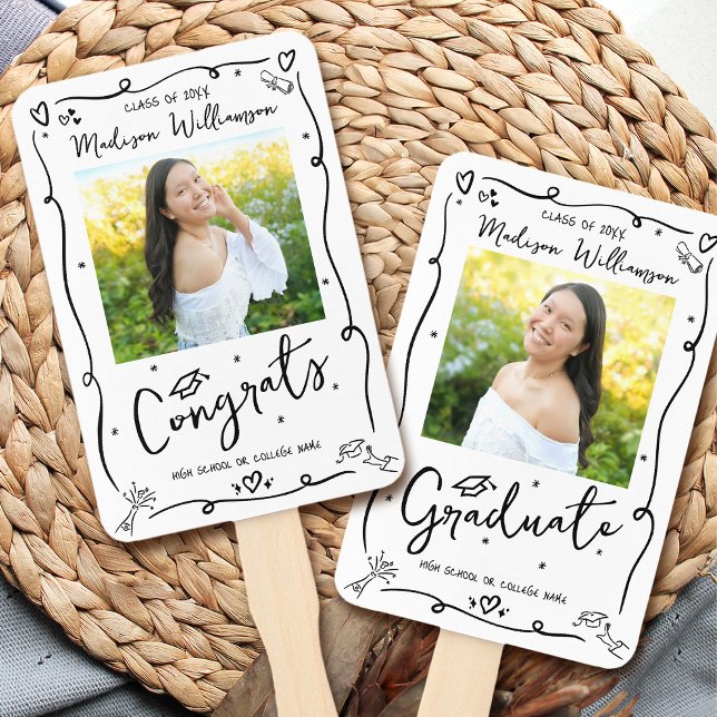 Leque Black Hand Drawn Doodle Graduation 2 Photo White (Criador carregado)