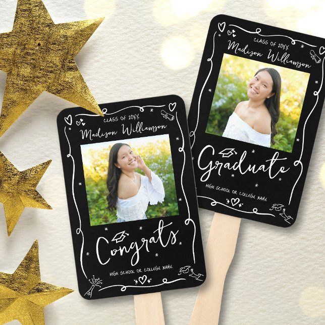 Leque Black White Hand Drawn Doodle Graduation 2 Photo (Criador carregado)