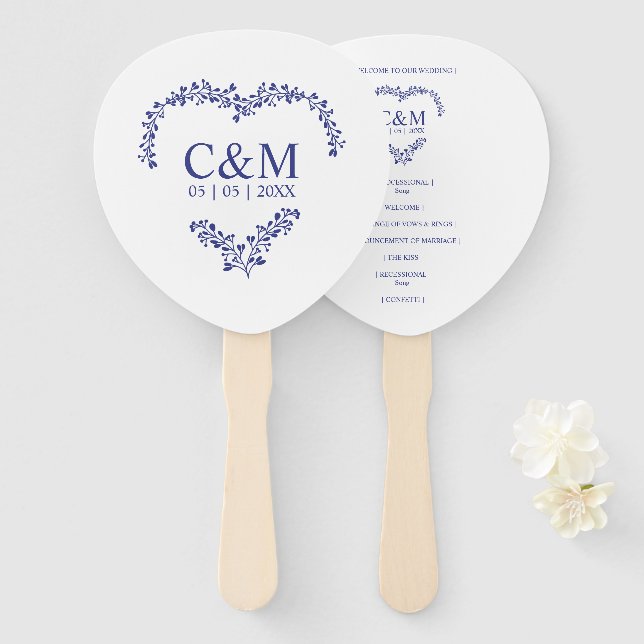 Leque Blue Marine Branches Heart with Initials (Frente e Verso)