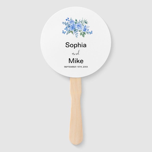 Leque Blue Watercolour Floral and Butterflies Wedding  (Frente)