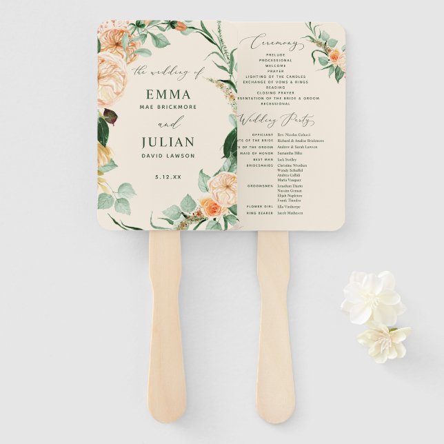 Leque Boho Greenery Peach Wedding Program (Frente e Verso)