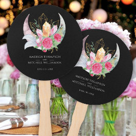 Leque Boho Lua Cristais Penas Flores Rosa Casamento 