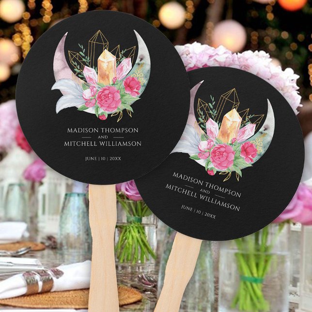 Leque Boho Lua Cristais Penas Flores Rosa Casamento  (Criador carregado)