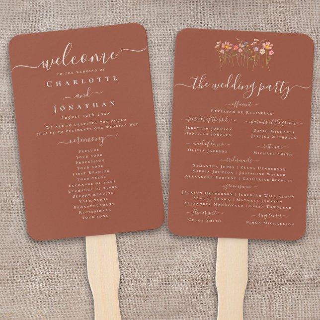 Leque Boho Outono Flor Silvestre Cerimônia de Casamento  (Boho fall Wildflower meadow garden floral terracotta rust Wedding ceremony program fan)