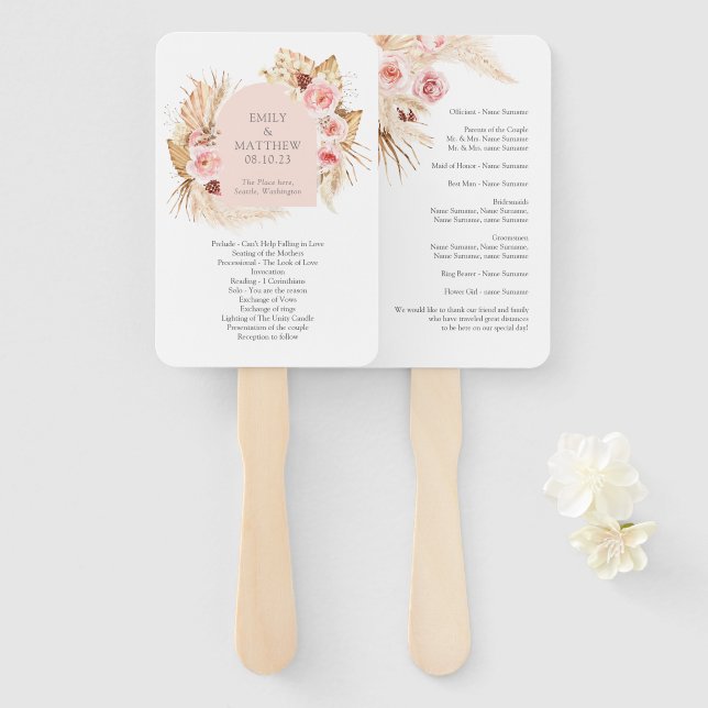 Leque Boho Pampas Grass Floral Weding Program Fan (Frente e Verso)