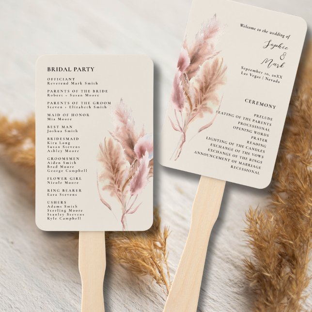 Leque Boho Pampas Grass Wedding Program Hand Fan (Criador carregado)