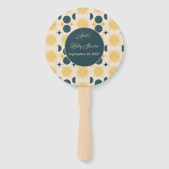 Leque Boho Personalizado Sol Lua Estrelas Azul Amarelo (Frente)