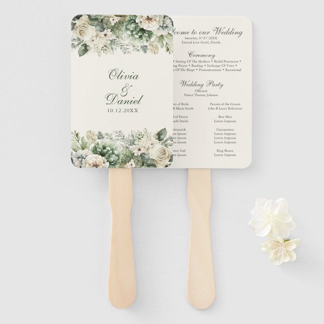 Leque Boho Sage Green and Ivory Flowers Weders Program (Frente e Verso)