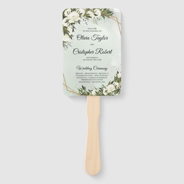 Leque Boho verde oliveira folhagem dourada armação rosas (Frente)