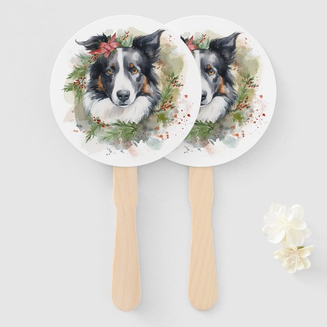 Leque Border Collie Christmas Wreath Festivo Pup (Frente e Verso)