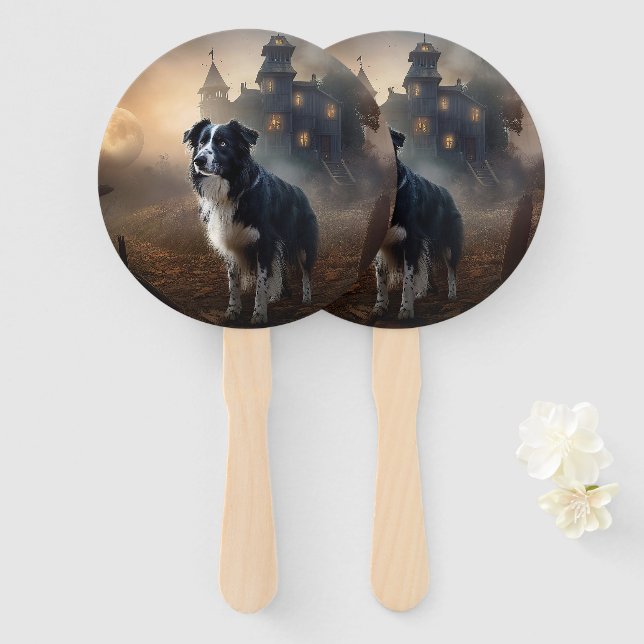 Leque Border Collie Halloween Assustador (Frente e Verso)