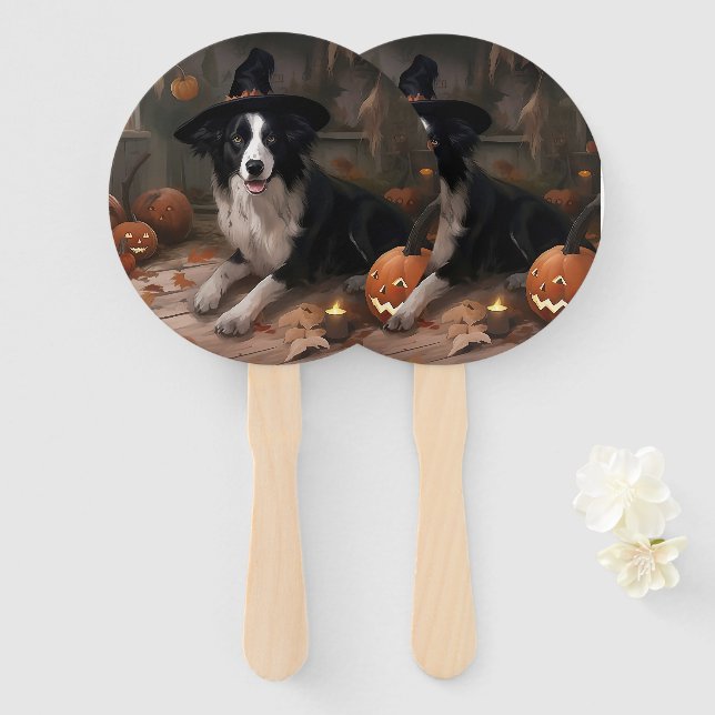 Leque Border Collie Pumpkins Halloween Assustado (Frente e Verso)