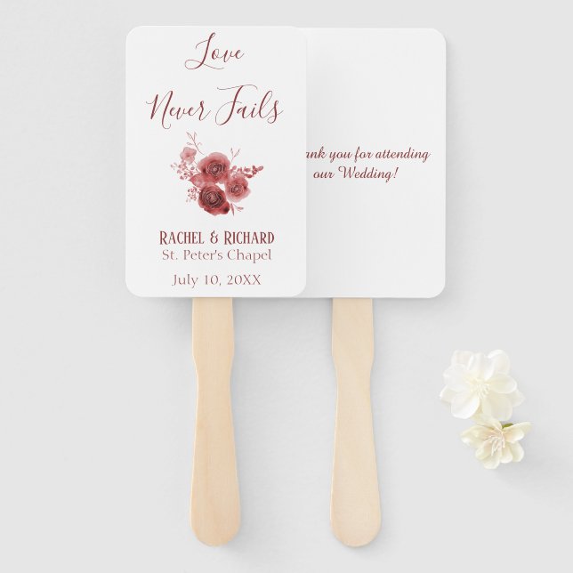 Leque Borgonha amor nunca falha floral Casamento (Frente e Verso)