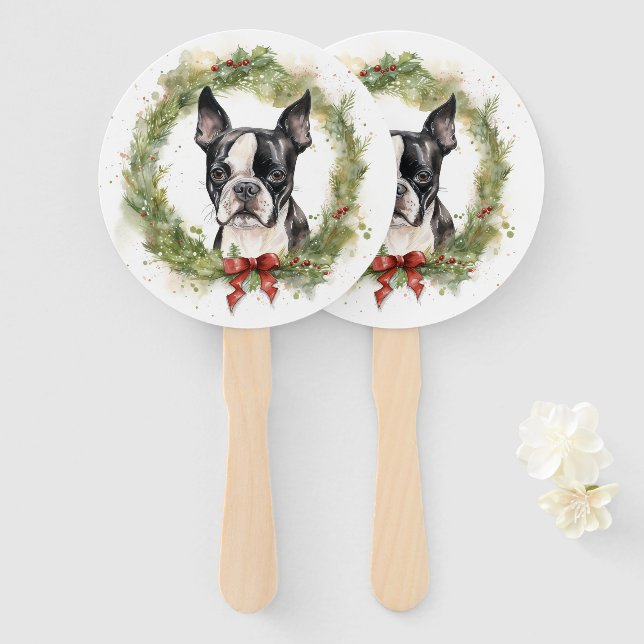 Leque Boston Terrier Christmas Wreath Festivo Pup (Frente e Verso)