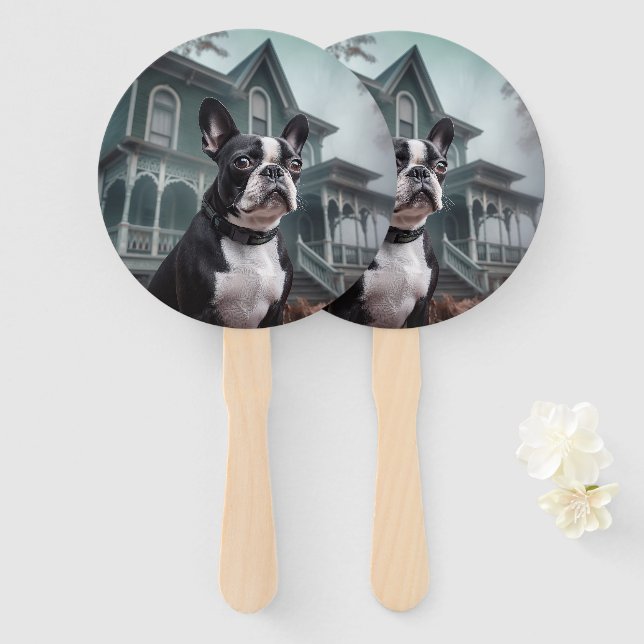 Leque Boston Terrier Halloween Assustador (Frente e Verso)