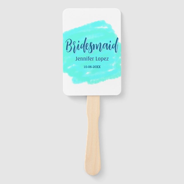 Leque Bridesmaid azul verde aquarela adiciona nome data  (Frente)
