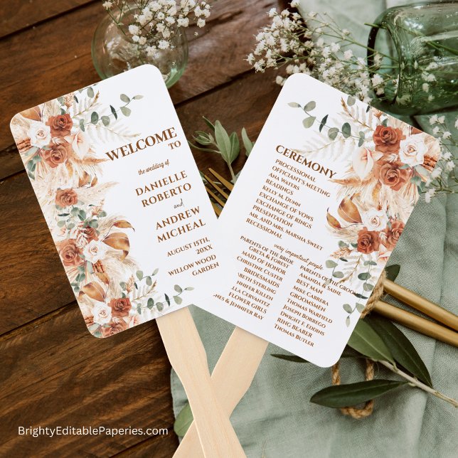 Leque Bright Terracotta Pampas Grass Wedment (Brighten Your Wedding Day with Our Terracotta Pampas Grass Hand Fans.)