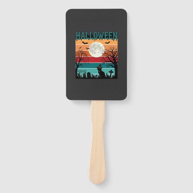 Leque Bruxa de Halloween Gato Teia de Aranha Lua Cemitér (Frente)