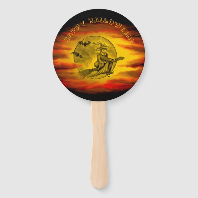 Leque bruxa voadora com gato preto, noite de halloween (Frente)