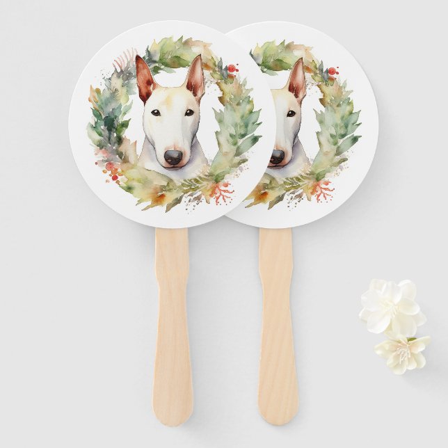 Leque Bull Terrier Christmas Wreath Festivo Pup (Frente e Verso)