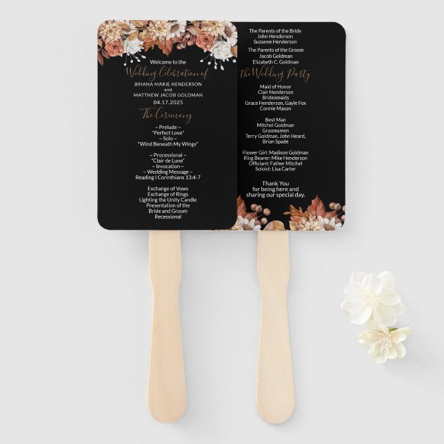 Leque Buquê Floral de Outono Preto Casamento (Frente e Verso)