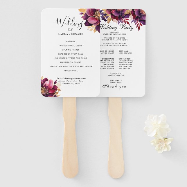 Leque Burgundy Bliss: Padrão Elegante da Vinha Floral no (Frente e Verso)