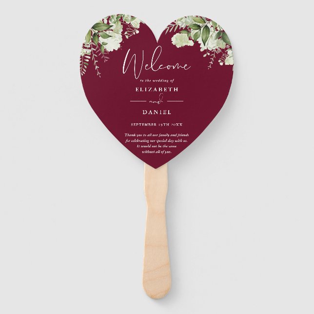 Leque Burgundy Greenery Wedding Program Heart (Frente)