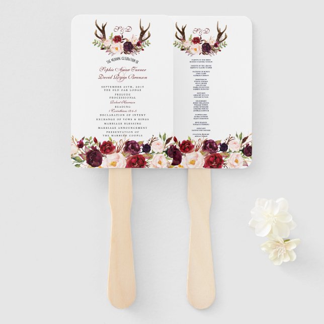 Leque Burgundy Marsala Floral Antlers Monograma (Frente e Verso)