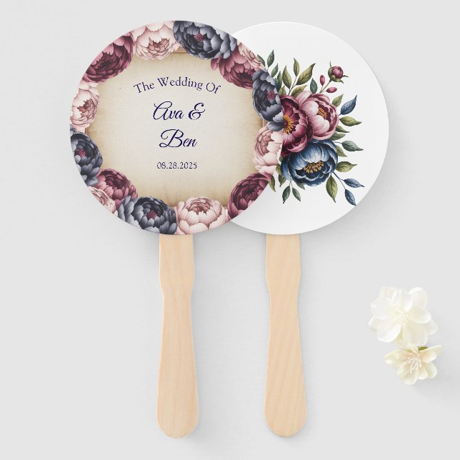 Leque Burgundy Navy and Blush Peony Wedding Floral (Frente e Verso)