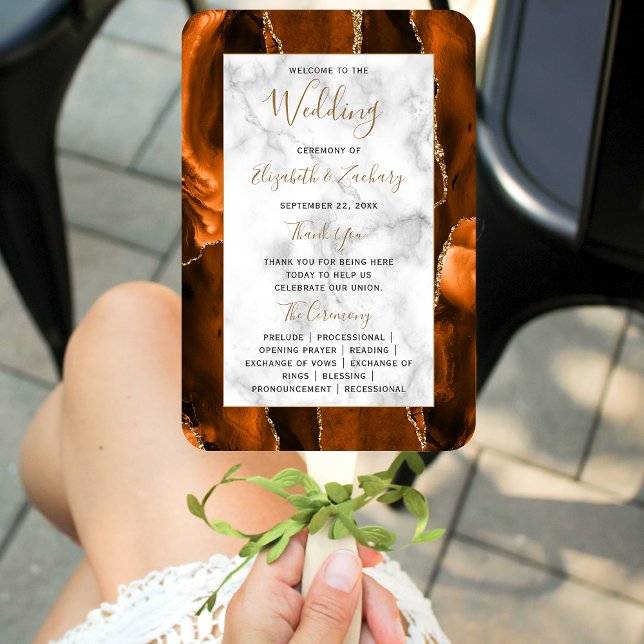 Leque Burnt Orange Gold Agate Marble Wedding Program (Criador carregado)