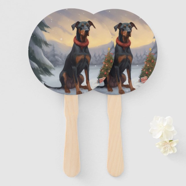 Leque Cachorro Doberman na Neve Natal (Frente e Verso)