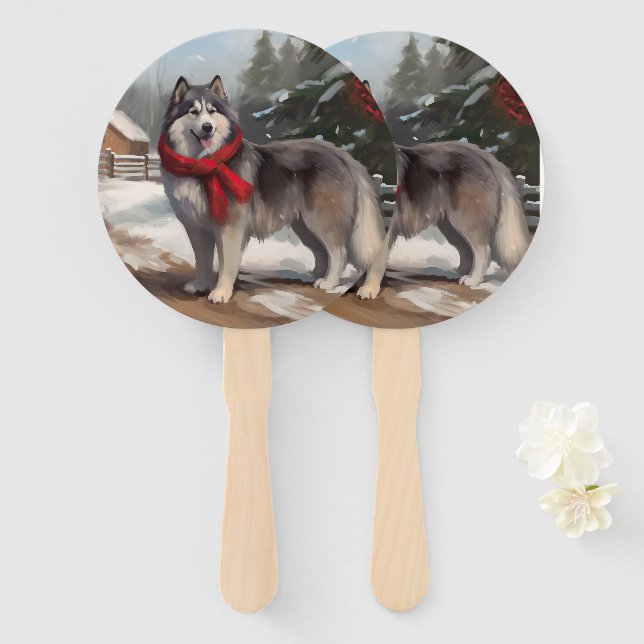 Leque Cachorro Malamute do Alasca na Neve Natal (Frente e Verso)